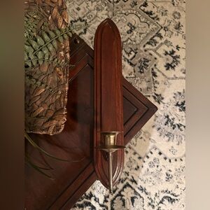 Vintage Wood Wall Sconce with Brass Candle Holder - Dark Brown